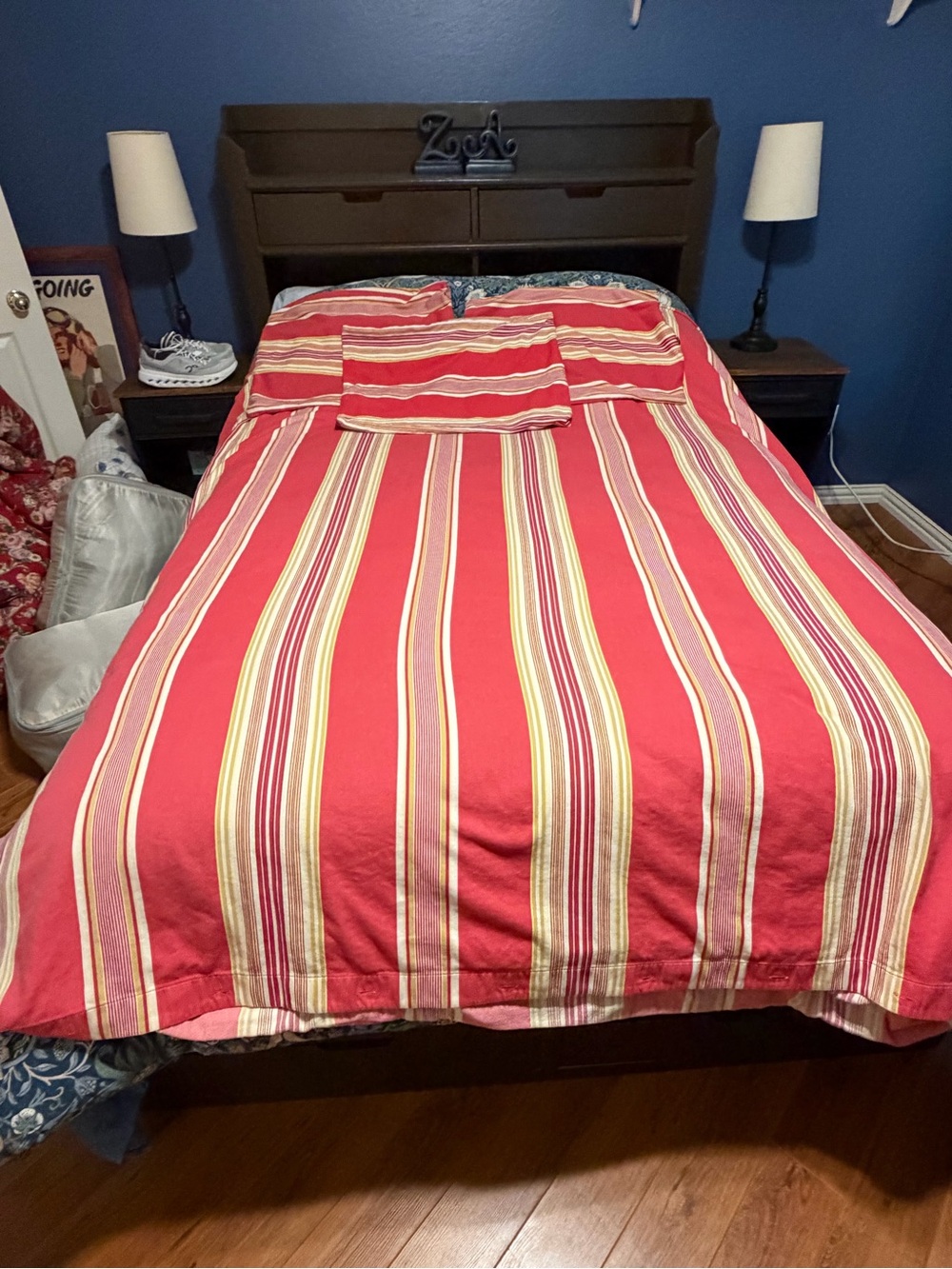 FULL/QUEEN Pottery Barn Striped Red/Tan Duvet Cover w/ 3 Shams EUC